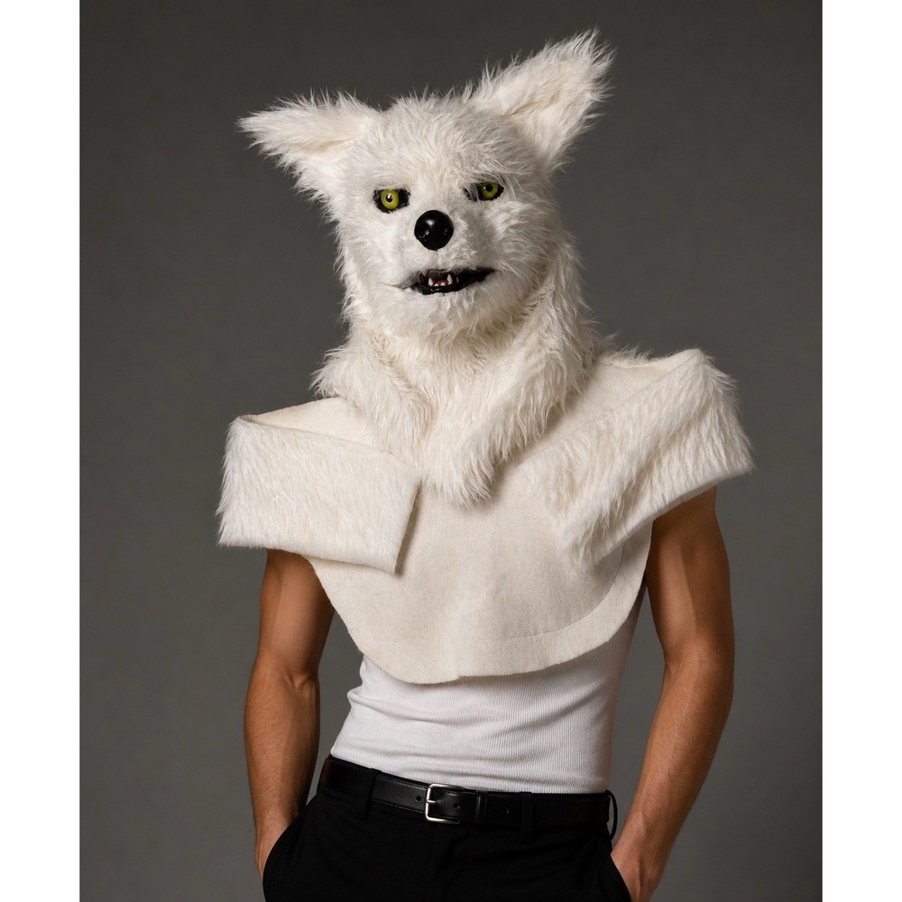 White Wolf Fox Fur Moving Mouth Mask Halloween